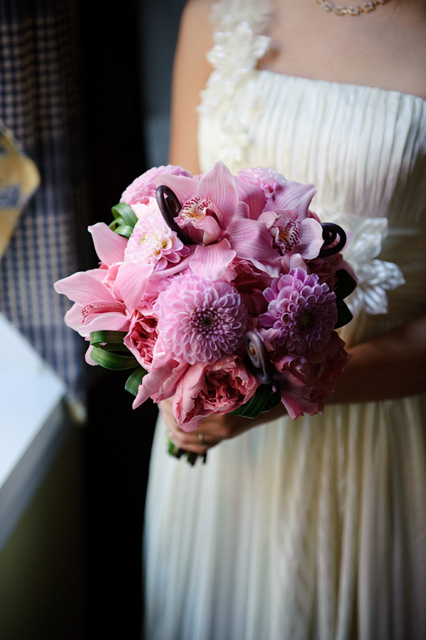 Pink orchid, peony, and chrysanthemum bouquet - wedding photo by Kenny Nakai Photography